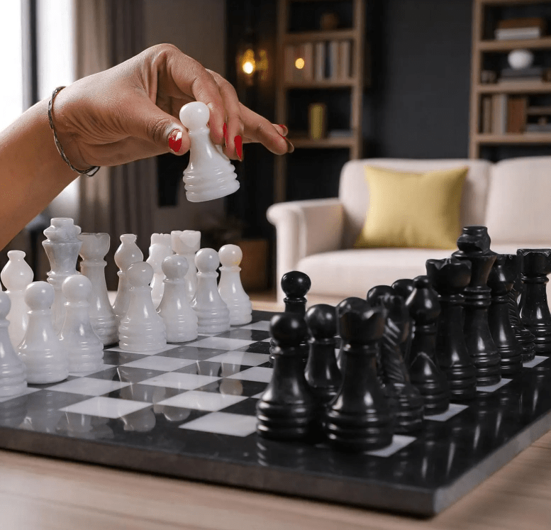 Black & White marble chess board with carved marble pieces, luxury design
