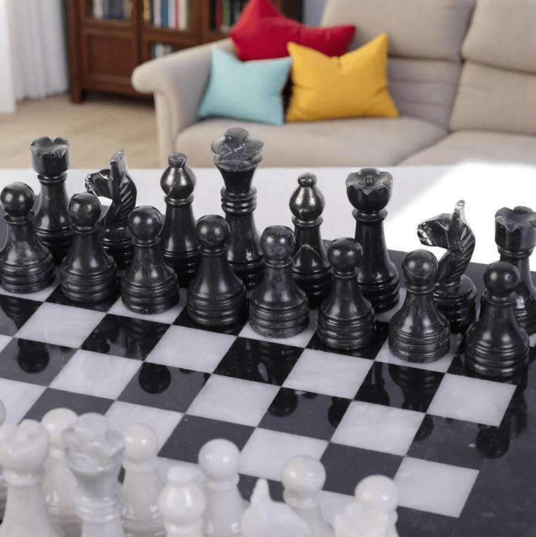 Personalized Black & White marble chess set in gift case – handcrafted by artisans.