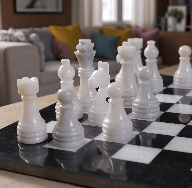 Close-up of natural marble veining on Black & White luxury handcrafted chess set.