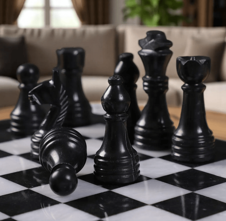 Luxury Black & White marble chess set with black board – timeless heirloom décor